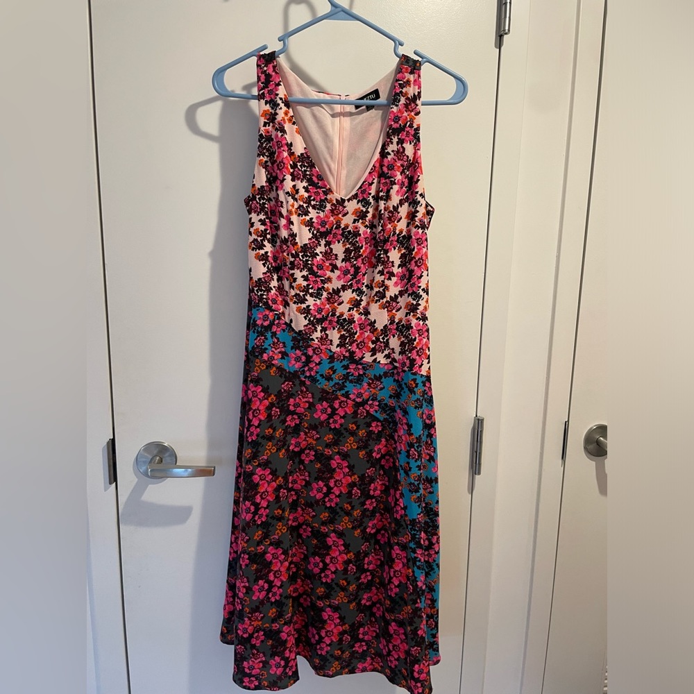 Size 8 Floral Pink Black and Blue Midi Dress